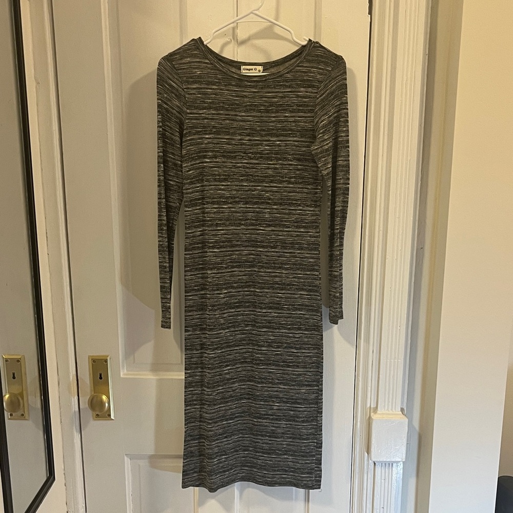Gray Knit Striped Long Sleeve Dress